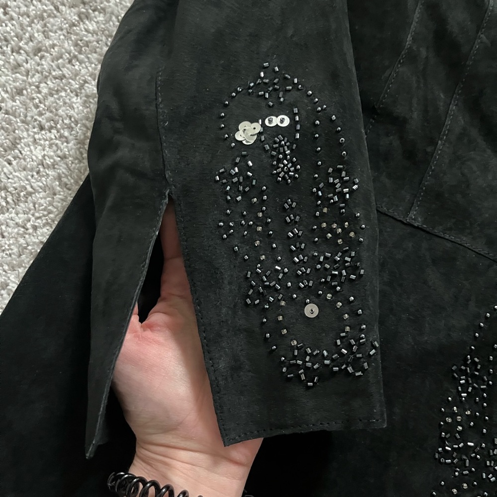 Avanti Suede Beaded Jacket sz 1X leather boho black duster holiday NYE long line - Picture 2 of 5